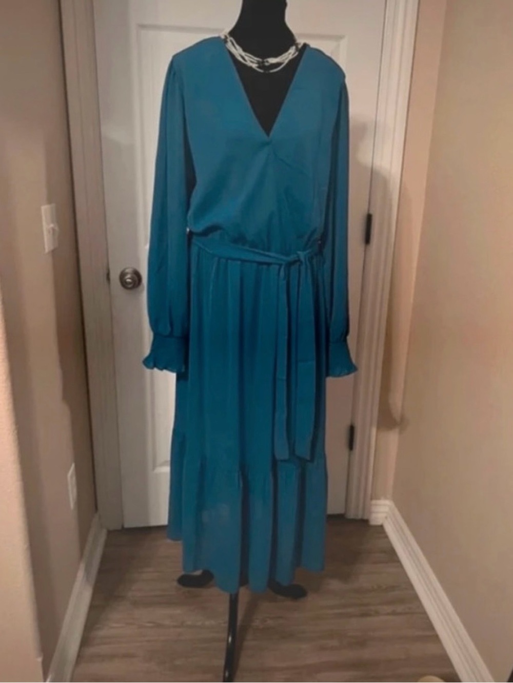 V-Neck Teal Long Sleeve Maxi Dress with Self-Tie Waist